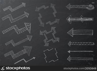 Collection of hand drawn arrows on black chalkboard Vector illustration