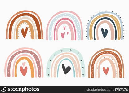 Collection of hand drawn boho rainbows in pastel colors illustration