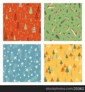 Collection of hand drawn cute vintage seamless patterns. Colorful Christmas, Noel, New Year backdrop. Decorative background for fabric, textile, wrapping paper, card, invitation, wallpaper, web design
