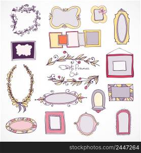 Collection of hand drawn doodle frames and design elements for decoration with flowers isolated vector illustration