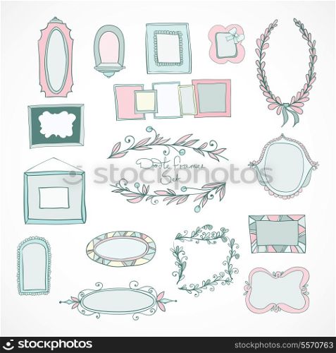 Collection of hand drawn doodle frames and design elements for wedding decoration isolated vector illustration