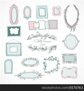 Collection of hand drawn doodle frames and design elements for wedding decoration isolated vector illustration