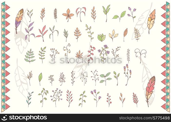 Collection of hand drawn flowers with feathers, vector illustration