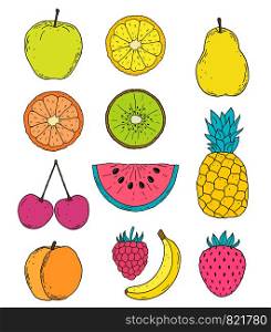 Collection of hand drawn fruits icons on white background
