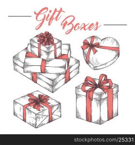 Collection of hand drawn graphic gift boxes with ribbons and bows. Christmas, New Year Birthday celebration present logo, icon, card Collection of hand drawn graphic gift boxes with ribbons and bows. Christmas, New Year Birthday celebration present logo, icon, card