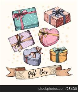 Collection of hand drawn graphic gift boxes with ribbons and bows. Christmas, New Year Birthday celebration present logo, icon, card Collection of hand drawn graphic gift boxes with ribbons and bows. Christmas, New Year Birthday celebration present logo, icon, card