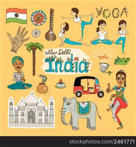 Collection of hand-drawn India Landmarks with the flag dancer yoga poses snake charmer tuc tuc mehndi hand decoration elephant and Taj Mahal
