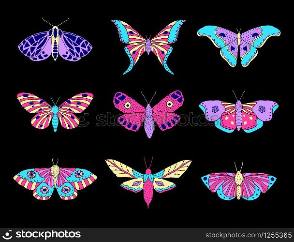 Collection of hand drawn moths and butterflies in doodle style on black background