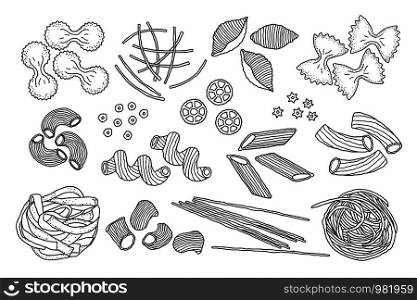 Collection of hand drawn pasta on white background. Spaghetti in doodle style.