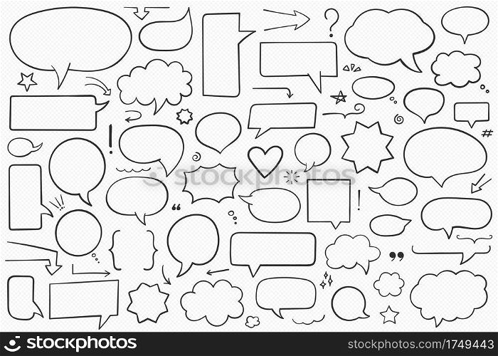 Collection of hand drawn speech bubbles, arrows and other design elements, contour shapes, vector eps10 illustration. Speech Bubbles