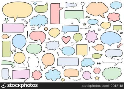 Collection of hand drawn speech bubbles, arrows and other design elements, solid shapes, soft colors for dark text, vector eps10 illustration. Speech Bubbles