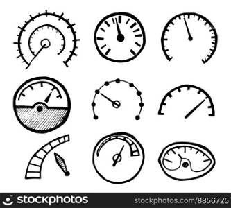 Collection of Hand Drawn Speedometer Icons Isolated on White Background. Vector Illustration.