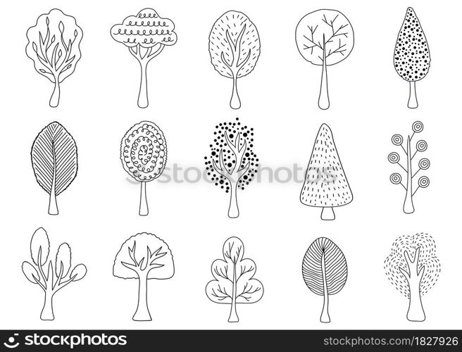 Collection of hand drawn trees on white background.