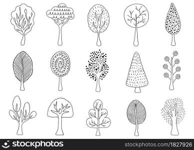 Collection of hand drawn trees on white background.