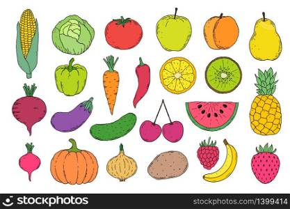 Collection of hand drawn vegetables and fruits icons on white background.. fruits an vegetables icons