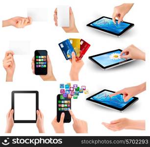 Collection of hands holding different business objects. Vector illustration