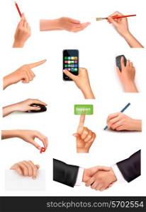 Collection of hands holding different business objects. Vector illustration