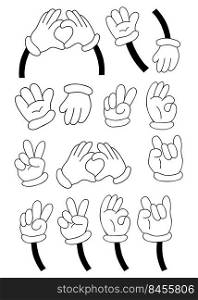 Collection of hands in gloves, different gestures - heart, ok, hello, two fingers. Vector illustration. Linear hand drawn doodle. Comic outline element for design and decor, print