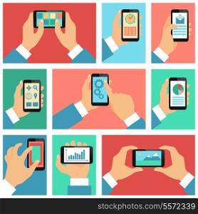 Collection of hands using mobile phone with business apps and social media content isolated vector illustration
