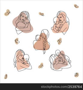 Collection of happy caring young mother with little baby infant in hands. Set of smiling loving mom with newborn excited with motherhood. Parenthood and maternity. Vector illustration