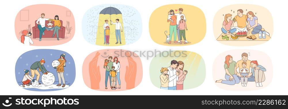 Collection of happy loving young family with children enjoy days relax and play together. Set of caring parents with kids spend time on leisure weekend. Relative unity. Victor illustration. . Set of loving family with children relax and play together