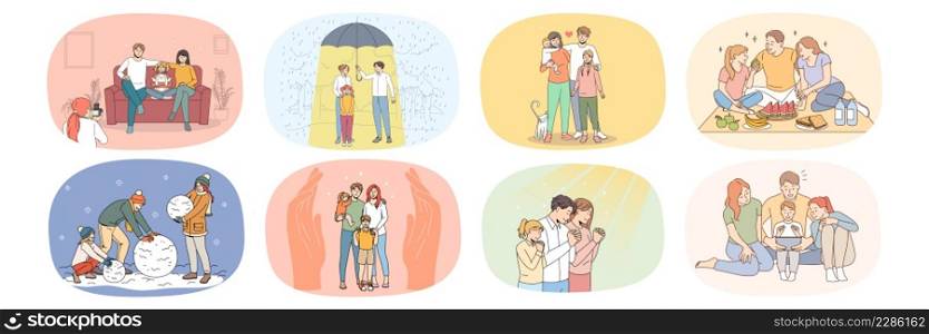Collection of happy loving young family with children enjoy days relax and play together. Set of caring parents with kids spend time on leisure weekend. Relative unity. Victor illustration. . Set of loving family with children relax and play together