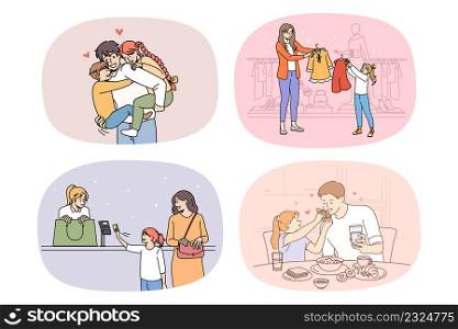 Collection of happy loving young parents have fun spend weekend time with small children. Set of smiling mom and dad enjoy days with little kids. Family unity and parenthood. Vector illustration.. Set of happy loving parents enjoy time with kids