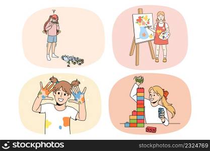 Collection of happy small girls kids have fun relax drawing with paints on weekend. Set of smiling little children rest construct with building blocks. Hobby and entertainment. Vector illustration.. Set of smiling girls enjoy hobby activity