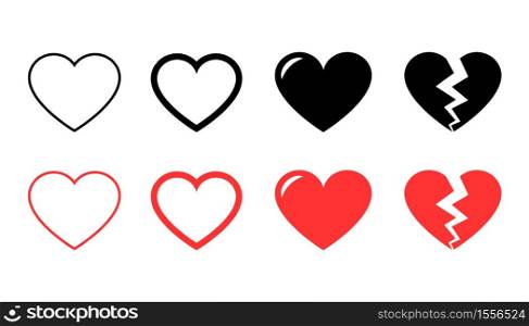 Collection of heart illustrations, Love symbol icon set, love symbol. Love heart isolated on white background.. Heart set icons. Love symbol flat icon. Collection of heart illustrations.