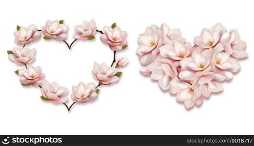 Collection of hearts collected from pink magnolia flowers isolated on a transparent background. Vector illustration.