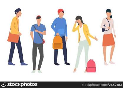 Collection of high school students. Flat cartoon characters with backpacks. Vector illustration can be used for promo, commercial, educational video. Collection of high school students