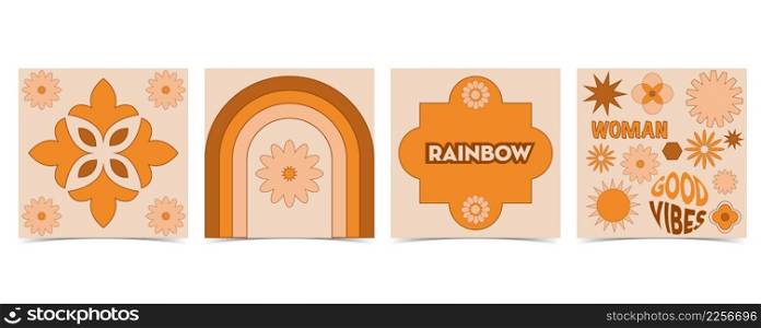 Collection of hippie design with orange flower,sun,rainbow for social media