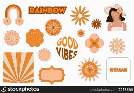Collection of hippie design with orange flower,sun,rainbow,woman