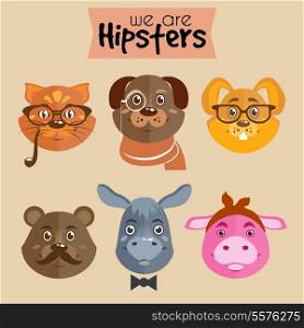Collection of hipster cartoon character animals cat dog rabbit bear pig and donkey with accessories isolated vector illustration