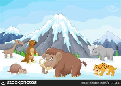 Collection of ice age animals with mountains
