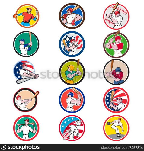 Collection of icon illustration of cartoon character American baseball player, pitcher or batter, batting, pitching or throwing ball set inside circle isolated on white background.. Cartoon Baseball Icon Collection