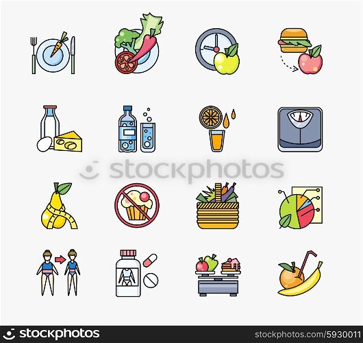 Collection of icons on theme diet. Food healthy, fruit apple, fresh, ingredient vitamin vegetarian, vegetable and pills, organic juicy, ripe orange, freshness citrus, calorie and water, illustration
