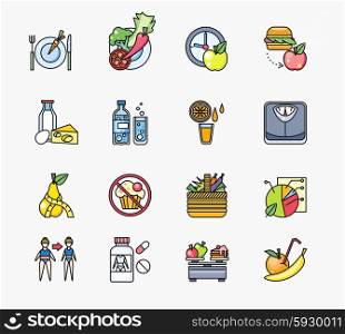 Collection of icons on theme diet. Food healthy, fruit apple, fresh, ingredient vitamin vegetarian, vegetable and pills, organic juicy, ripe orange, freshness citrus, calorie and water, illustration