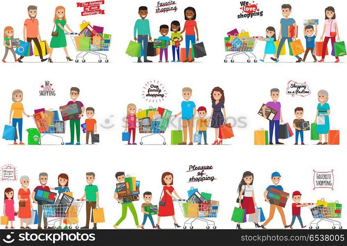 Collection of Icons with Happy Family Shopping. Collection of icons with family shopping. The history of our shopping. Favorite shopping. Pleasure of shopping. Shopping as pastime. Families gathered together with carts and goods inside. Vector
