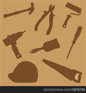 Collection of images of silhouettes of working tools on a brown background