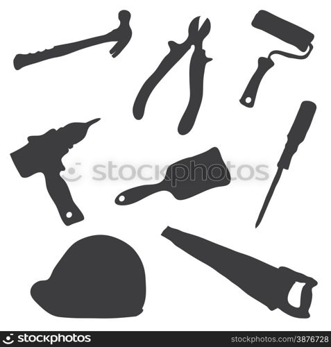 Collection of images of silhouettes of working tools on a white background