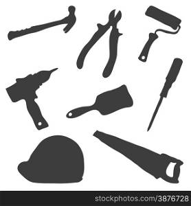Collection of images of silhouettes of working tools on a white background