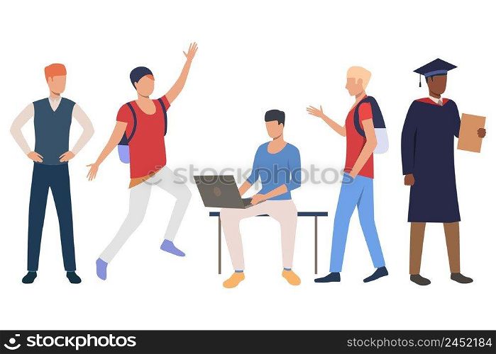 Collection of interracial students enjoying life. Bundle of ambitious students with satchels. Vector illustration can be used for educational project, article, publication. Collection of interracial students enjoying life