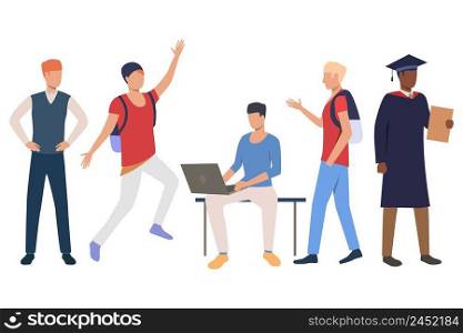 Collection of interracial students enjoying life. Bundle of ambitious students with satchels. Vector illustration can be used for educational project, article, publication. Collection of interracial students enjoying life