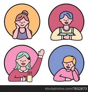 Collection of isolated characters, kids or teenagers smiling. People expressing emotions on face. Circles with personages, boys and girls. Dreamy female and laughing guy, vector in flat style. Kids or Teenagers Portraits, Set of Characters