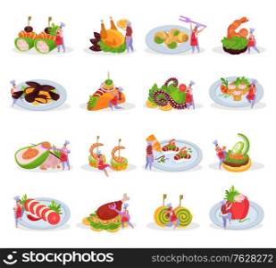 Collection of isolated professional kitchen flat icons and images of various dishes with characters of cooks vector illustration