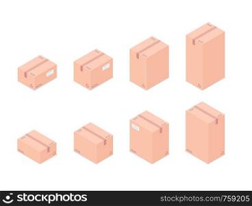 Collection of isometric cardboard boxes isolated on white background. Set of different size boxes for transportation, packaging, shipment and delivery vector cartoon illustration.. Set of isometric boxes isolated on white background