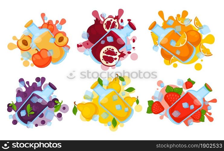 Collection of juicy natural fruit juices in bottles. Sweet tropical flavors, vector illustration. Ingredients for making vitamin smoothies. Detox drinks ad stickers. Healthy cocktail label.. Collection juicy natural fruit juices in bottles.