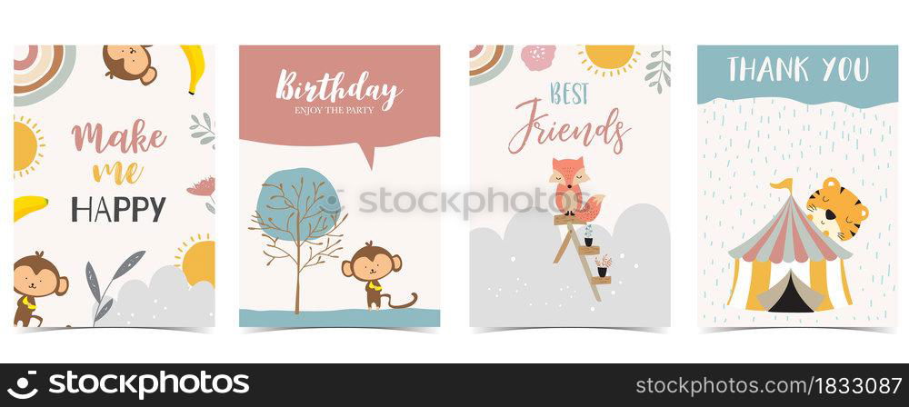 Collection of kid postcard set with bear, rainbow, sun.Editable vector illustration for website, invitation,postcard and sticker