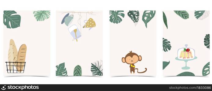Collection of kid postcard set with leaf,monkey, cake.Editable vector illustration for website, invitation,postcard and sticker